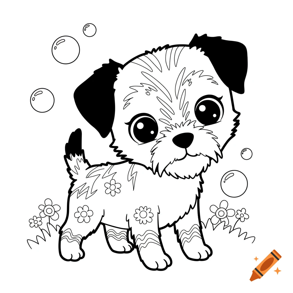 Coloring page of a cute cartoon dog surrounded by bubbles and flowers