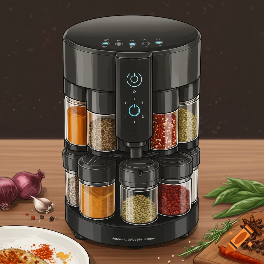 Automatic spice dispenser with multiple spice jars in a kitchen scene with vegetables and herbs.