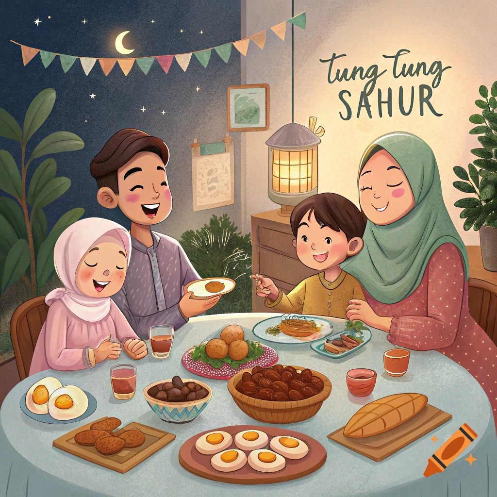 Illustration of a family eating a meal around a table at night.