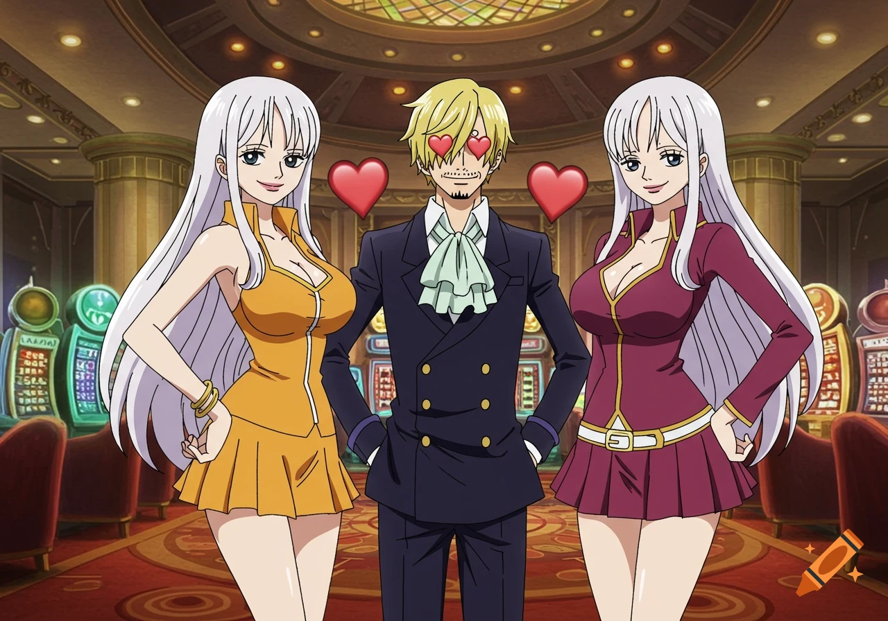 Sanji from One Piece with heart eyes stands between two women in a casino