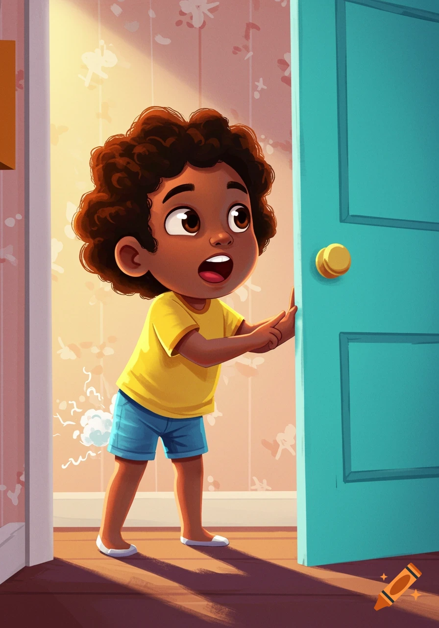 A cartoon child peeking around a door with a surprised expression.