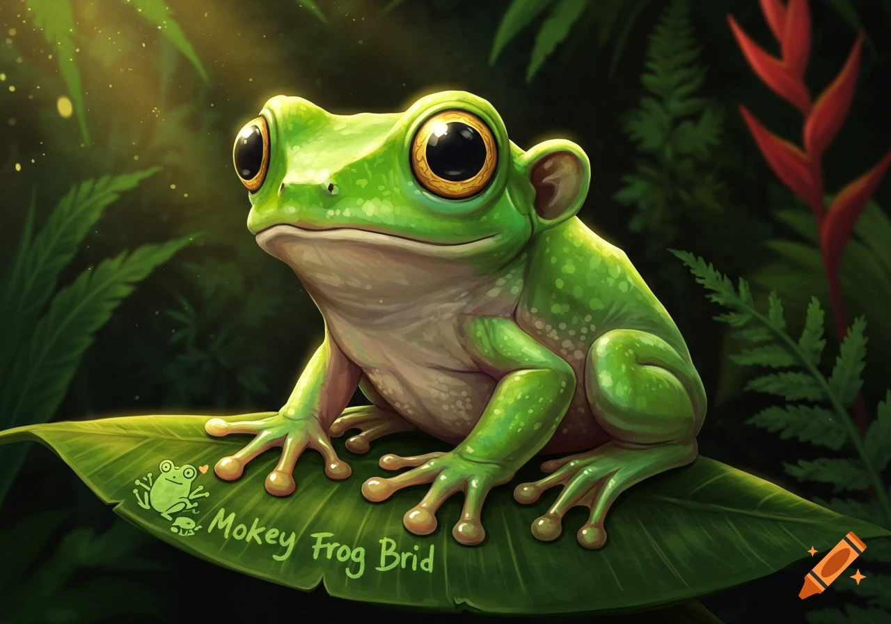 A cute cartoon frog with big eyes sits on a large leaf in a jungle, with text on the leaf.