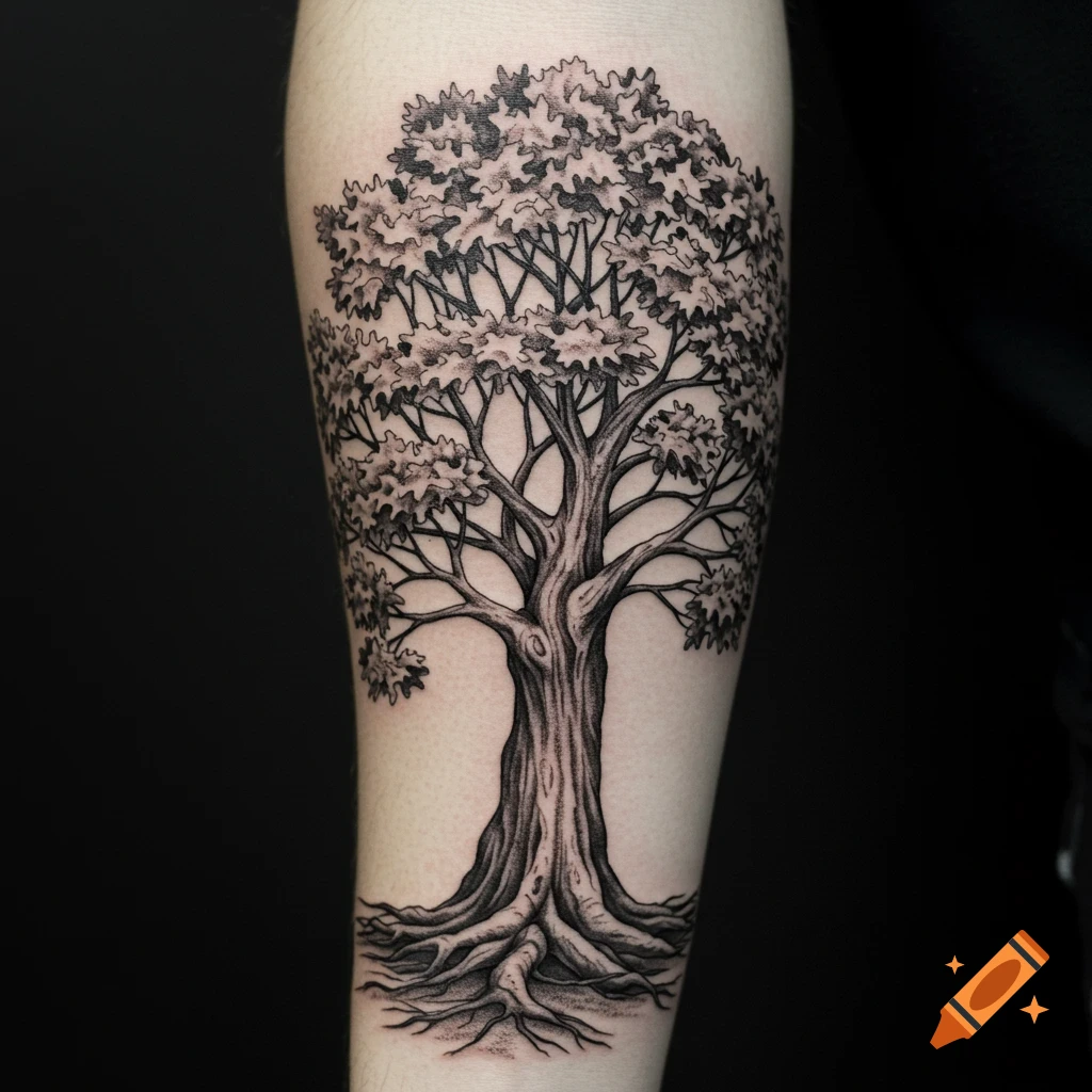 Black and grey tattoo of a detailed tree with roots on an arm.