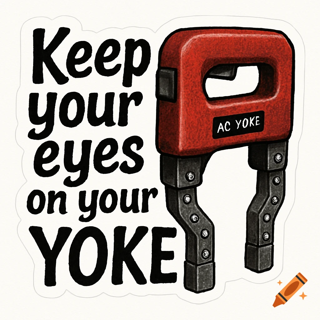 An illustration of a red and black AC magnetic yoke next to the text "Keep your eyes on your YOKE".