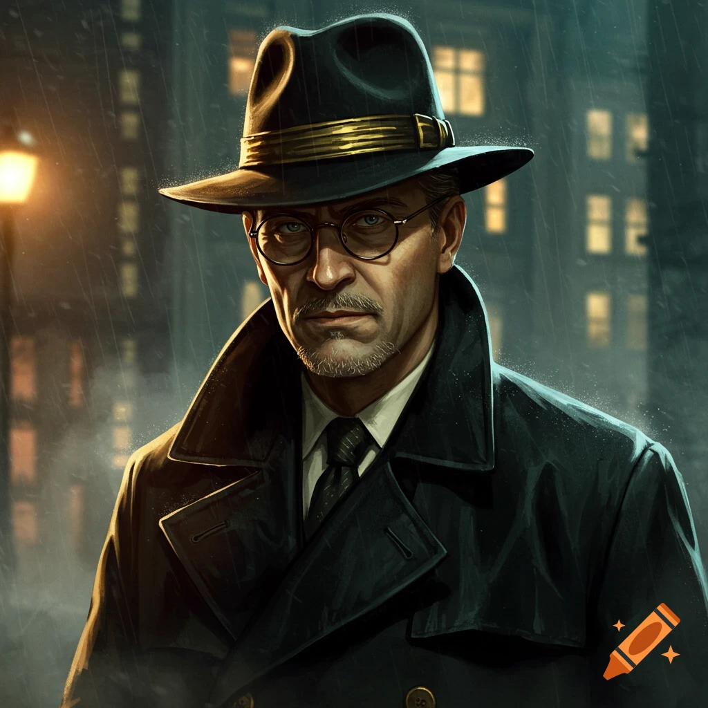 An illustration of a vintage detective in a trench coat and fedora standing in the rain at night.