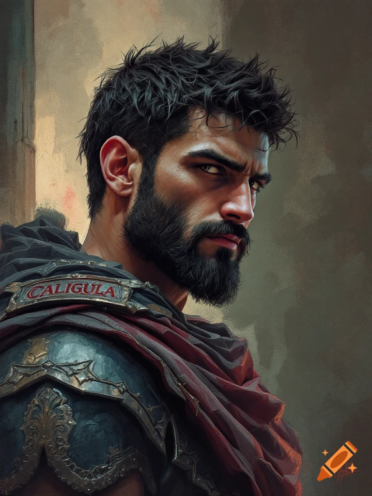 Portrait of a bearded man in ornate Roman armor, possibly Caligula, looking over his shoulder.