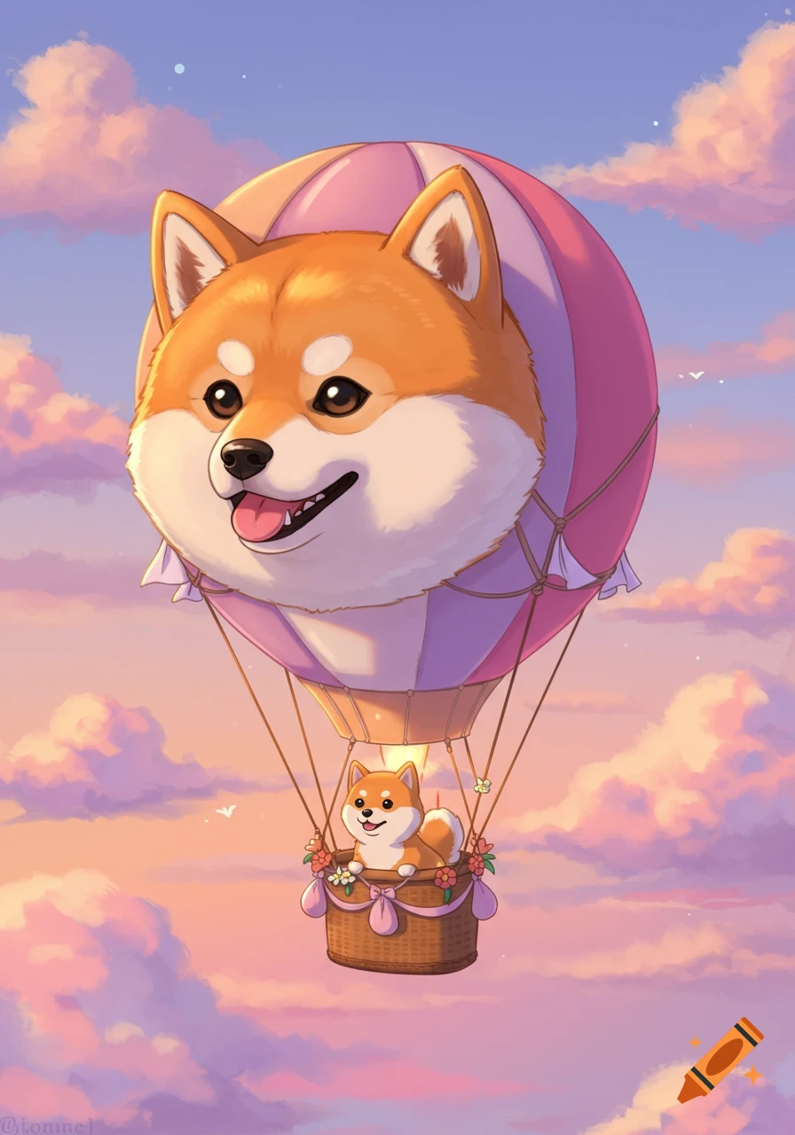 Cartoon Shiba Inu in a hot air balloon floats through cloudy sunset sky.