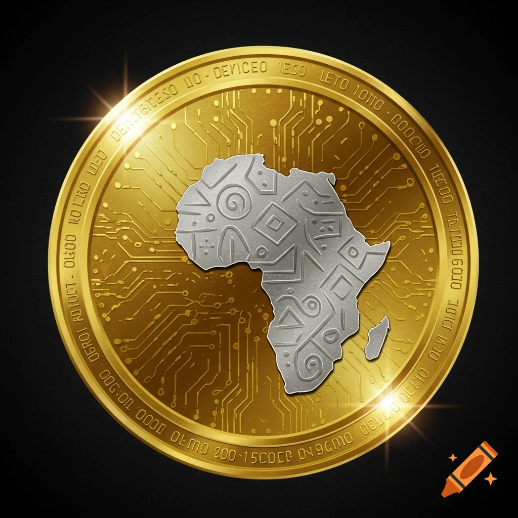 Shiny gold crypto coin with circuit board pattern and silver map of Africa.