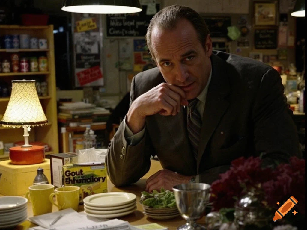 A man in a suit leans on a counter in a cafe or bar.