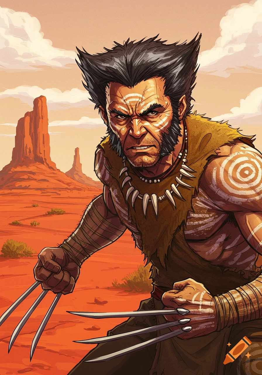 Stylized illustration of Wolverine as an Aboriginal man in a desert landscape.