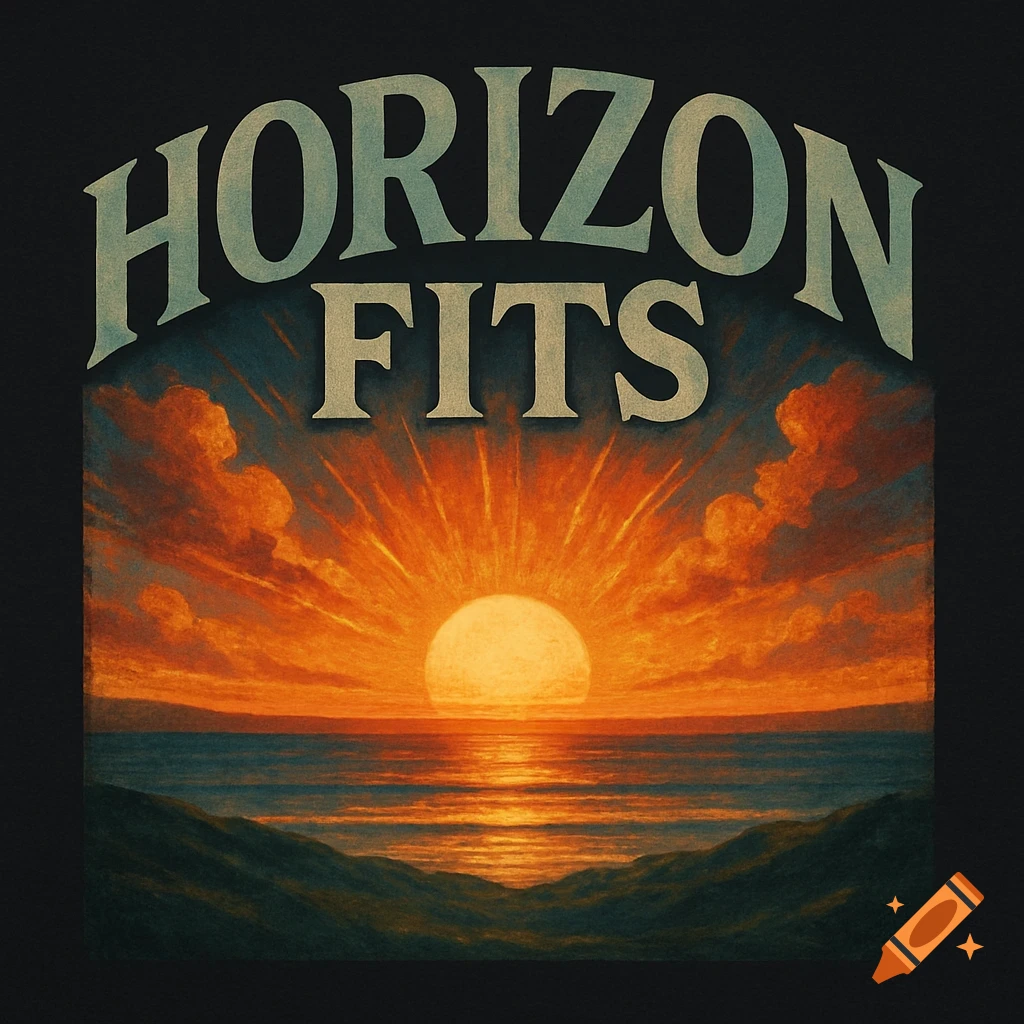 Graphic design of a sunrise over the ocean with hills in the foreground and the text "HORIZON FITS" above.