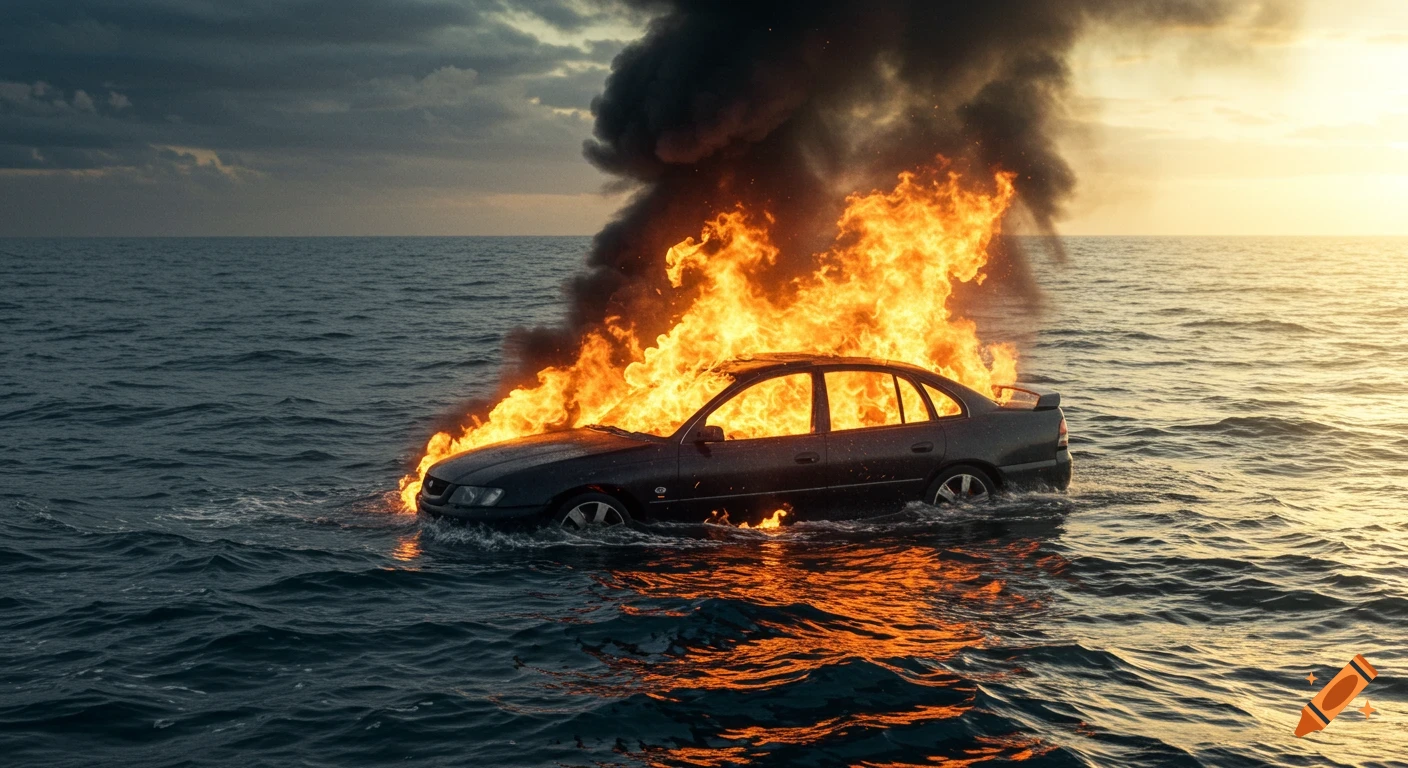 A car burns fiercely in the ocean at sunset, with thick black smoke rising.