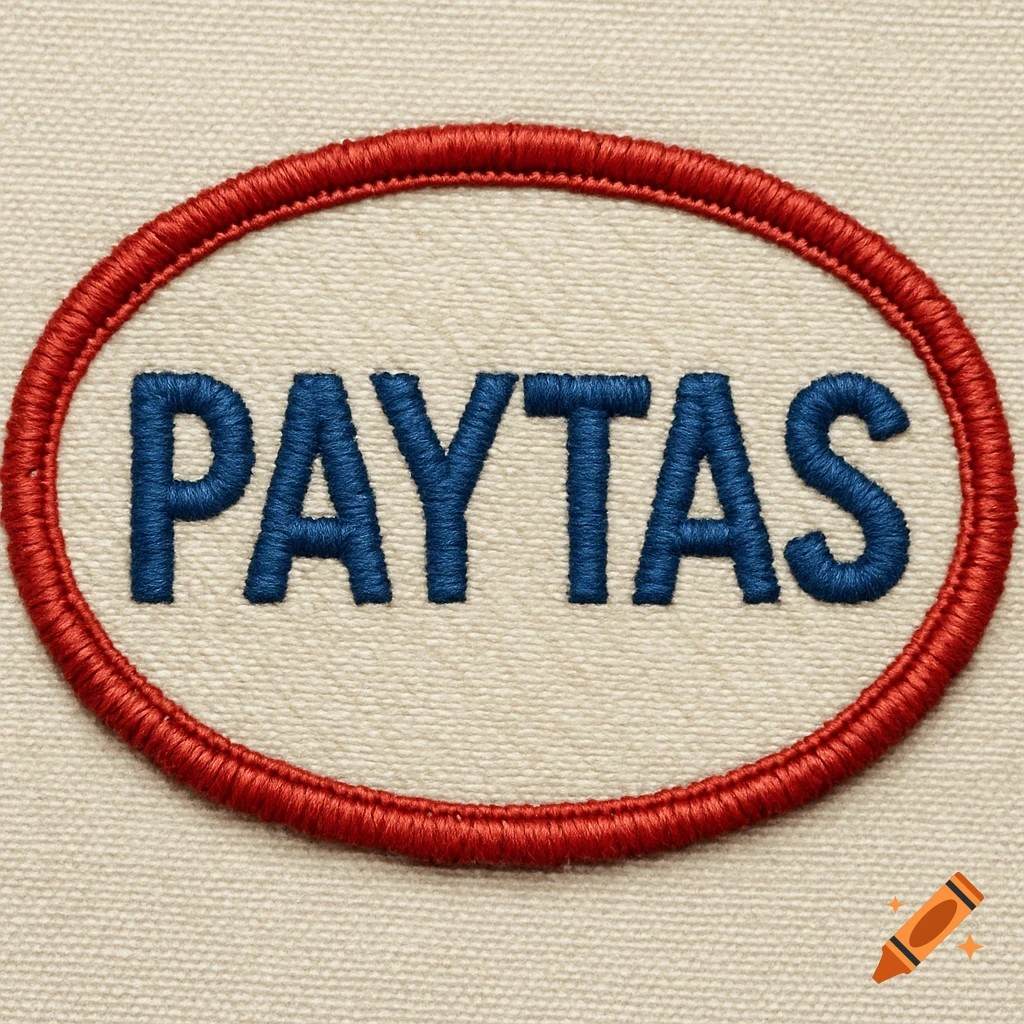 A red-bordered oval embroidered patch with the word PAYTAS in blue stitching on a cream background.
