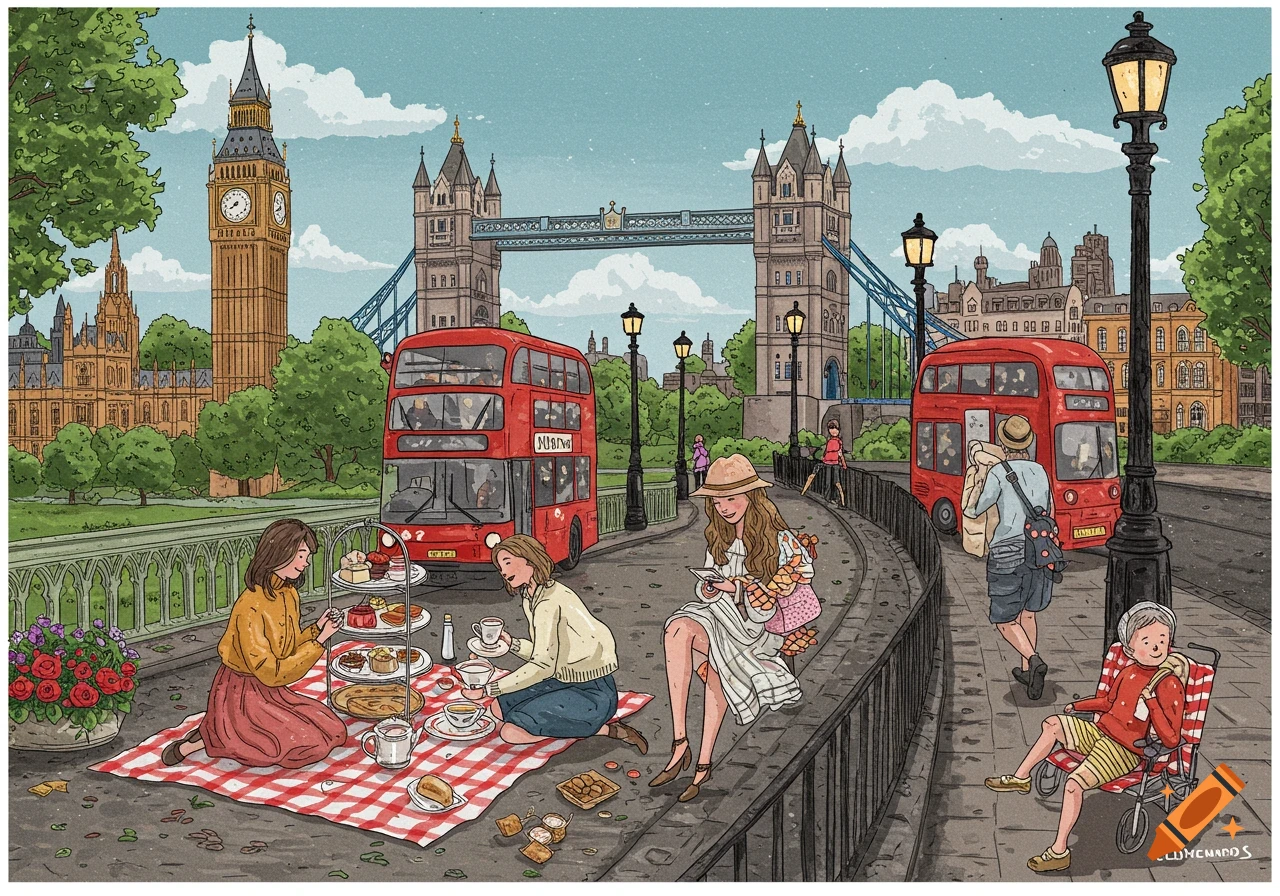 Illustration of a London street with Big Ben, Tower Bridge, red double-decker buses, and people having a picnic with tea.