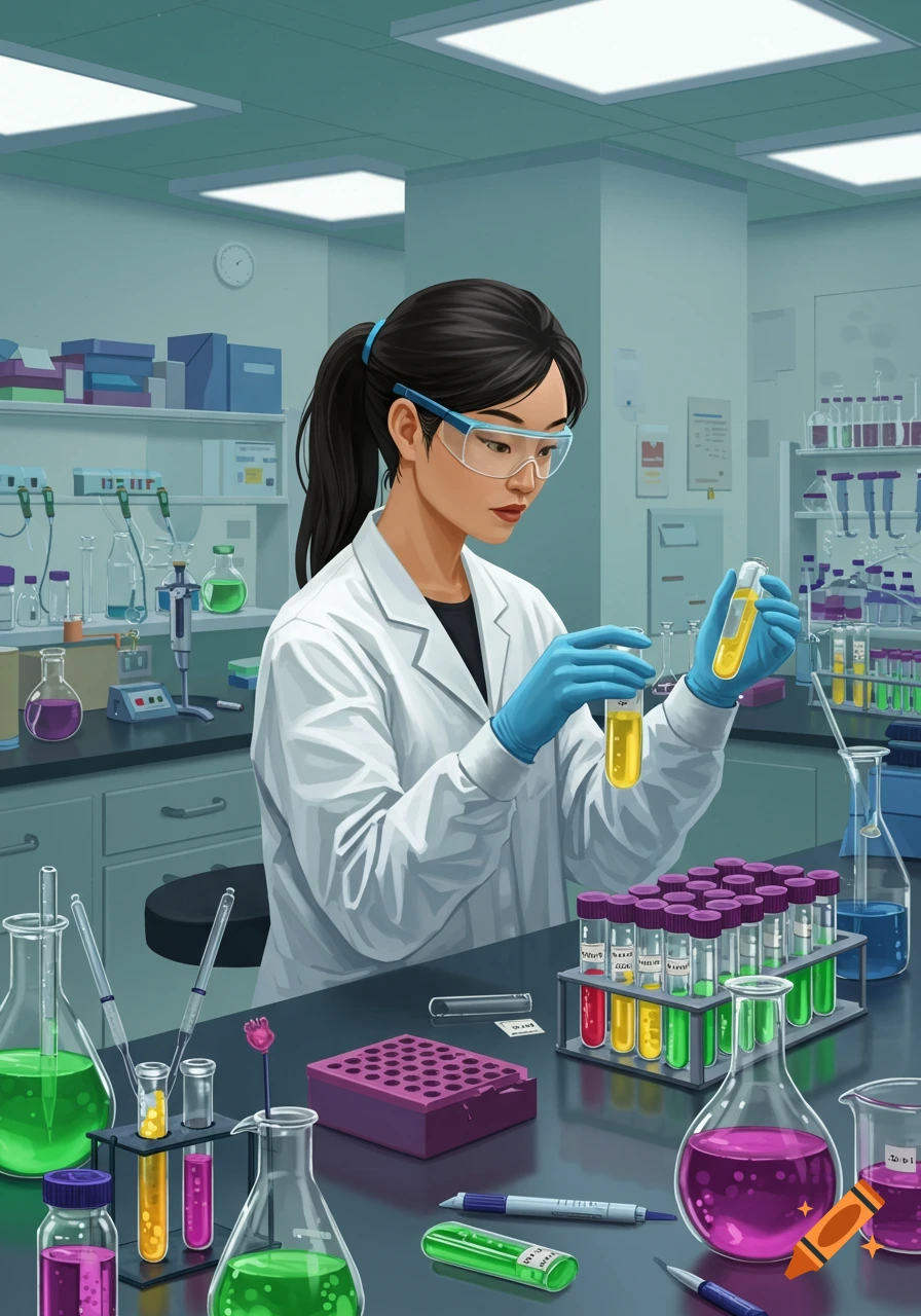 A scientist in a lab coat and goggles holds test tubes in a laboratory filled with colorful liquids and equipment.