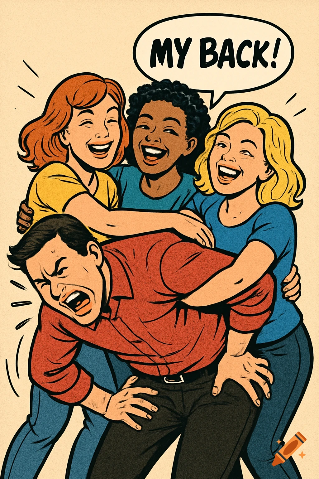 Comic illustration of a man holding his back in pain while three women laugh and hug him, with a speech bubble saying 'MY BACK!'