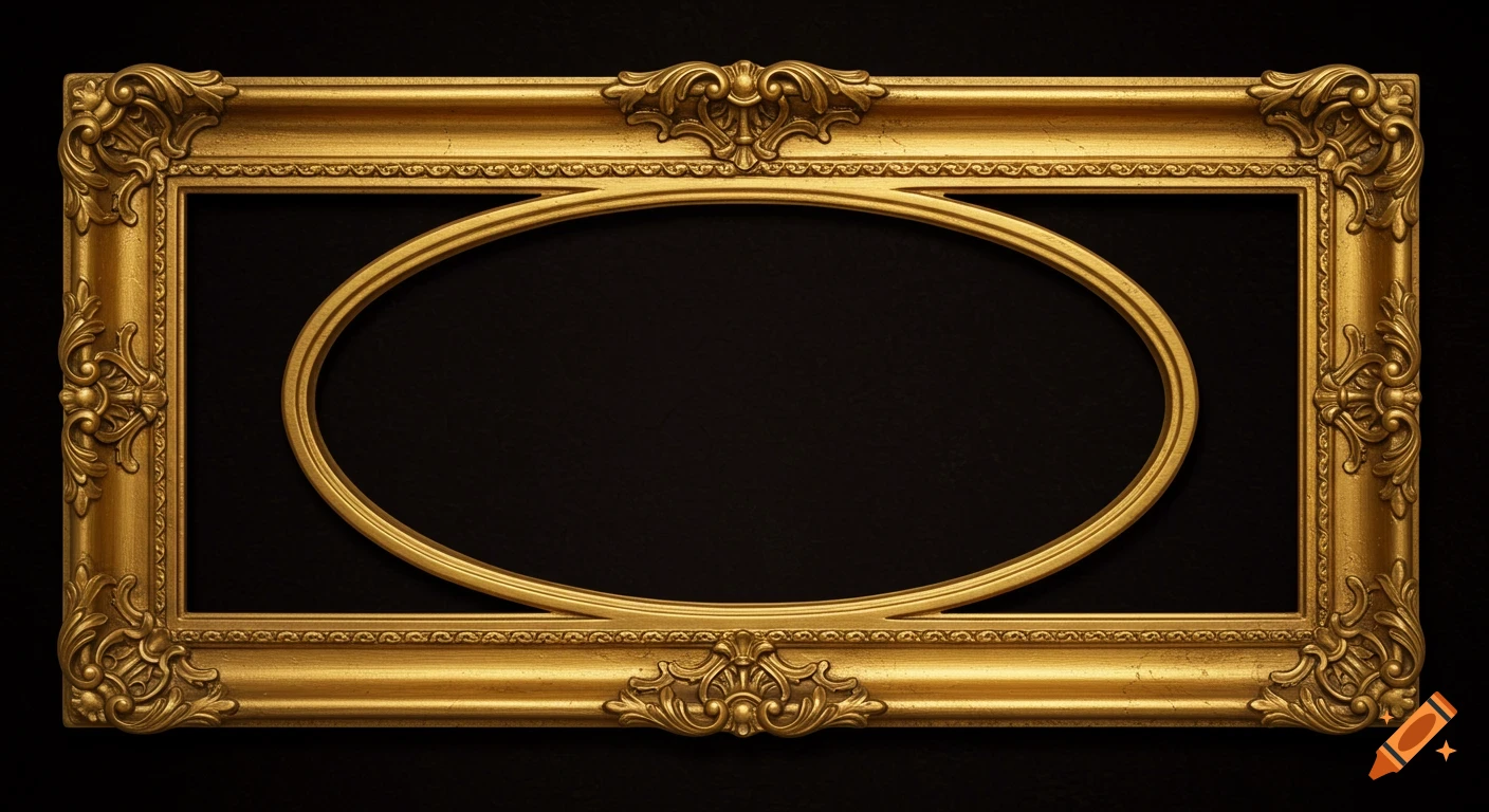 A rectangular ornate gold frame with an oval cutout in the center, on a black background.