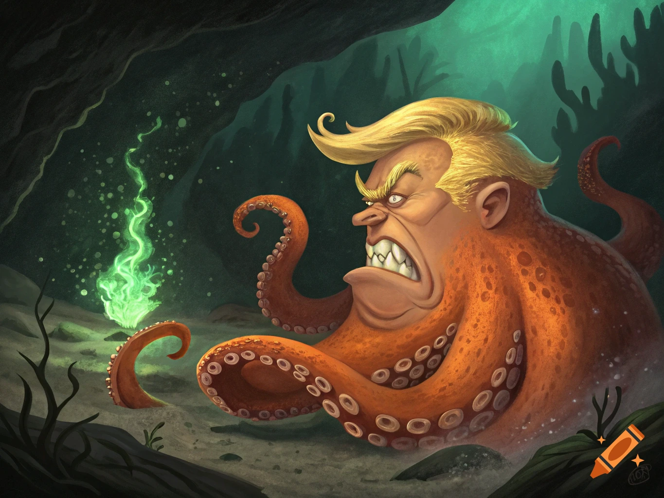 Cartoon octopus with Donald Trump's face in underwater cave with green fire