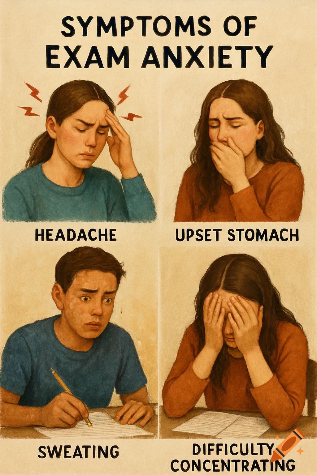 Four panels illustrating symptoms of exam anxiety: headache, upset stomach, sweating, and difficulty concentrating. Illustration.
