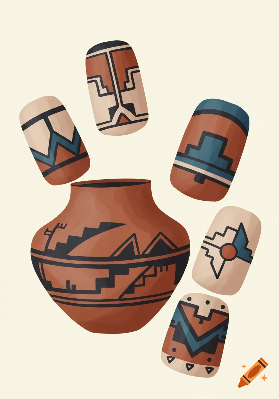 A pot and several floating rectangles decorated with geometric patterns inspired by Navajo pottery.