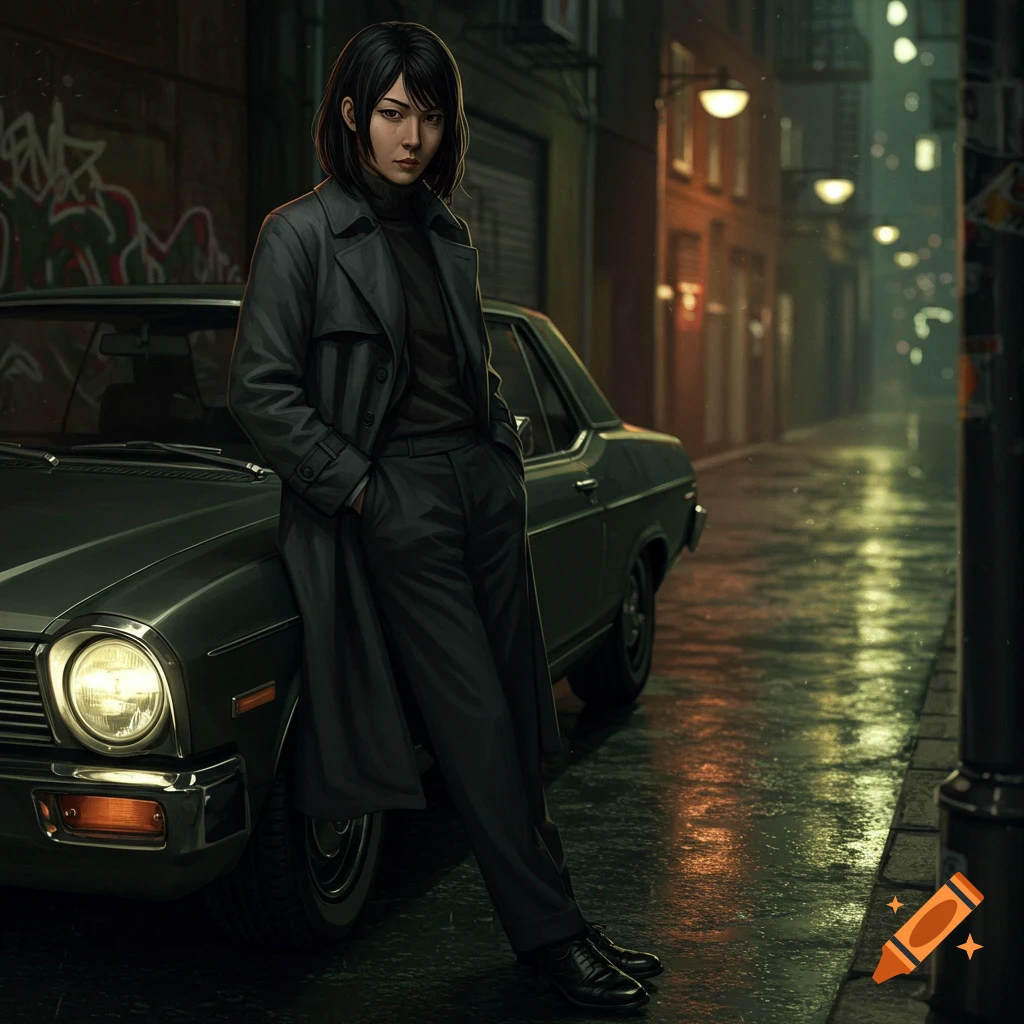 Woman in a trench coat leaning on a vintage car on a wet city street at night.