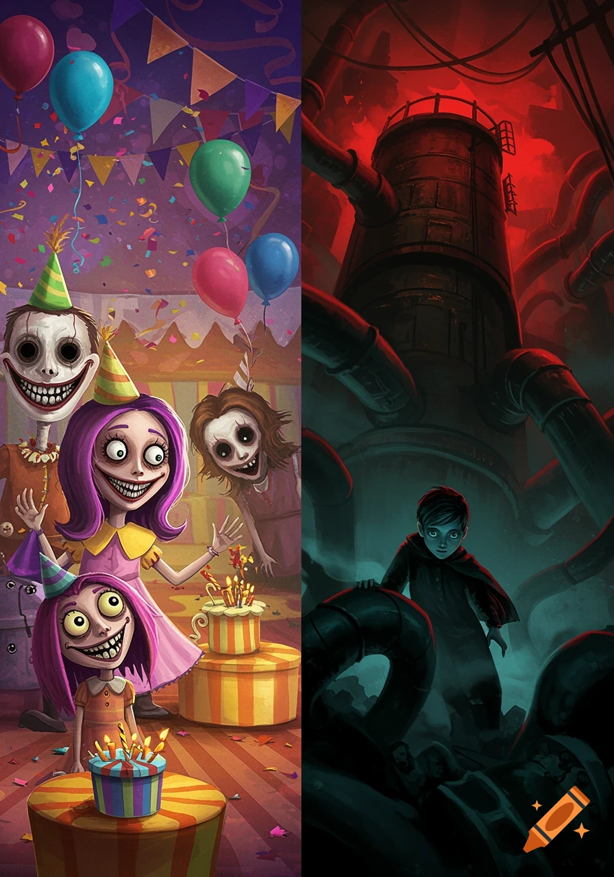 A split image shows a creepy birthday party with distorted, smiling figures on the left and a dark industrial scene with a boy hiding among pipes on the right.