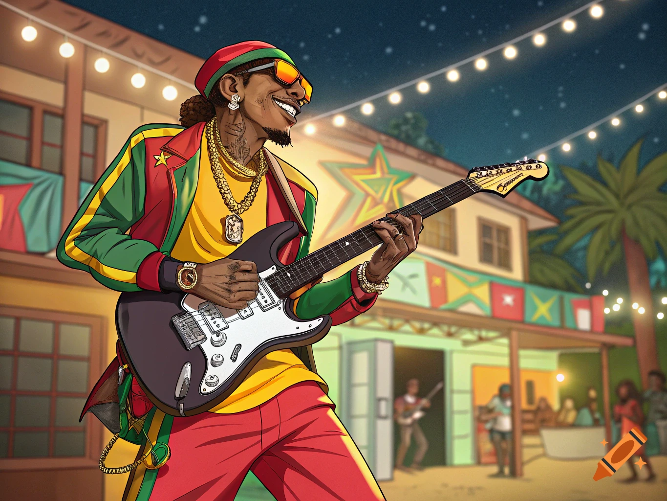 Cartoon musician playing electric guitar at night in a tropical setting.