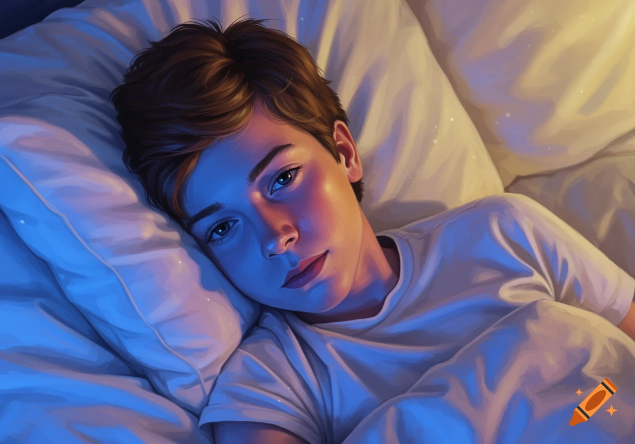 Portrait of a teenage boy in bed lit by blue and warm light