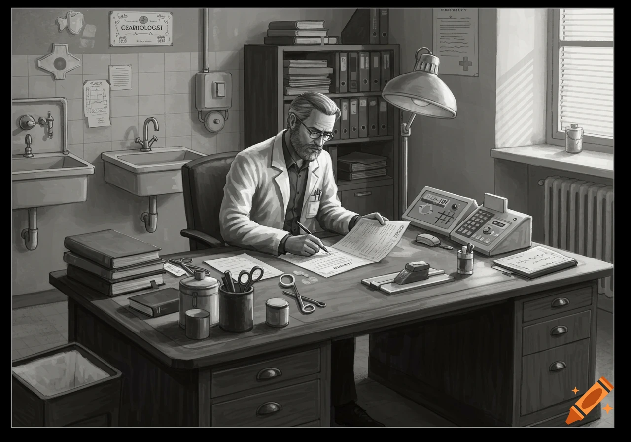 A black and white illustration of a doctor signing paperwork at his desk in an office with medical equipment.