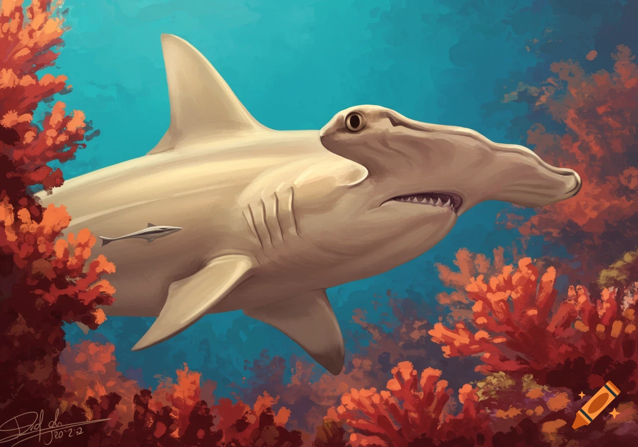 Digital painting of a hammerhead shark swimming through orange coral reefs.