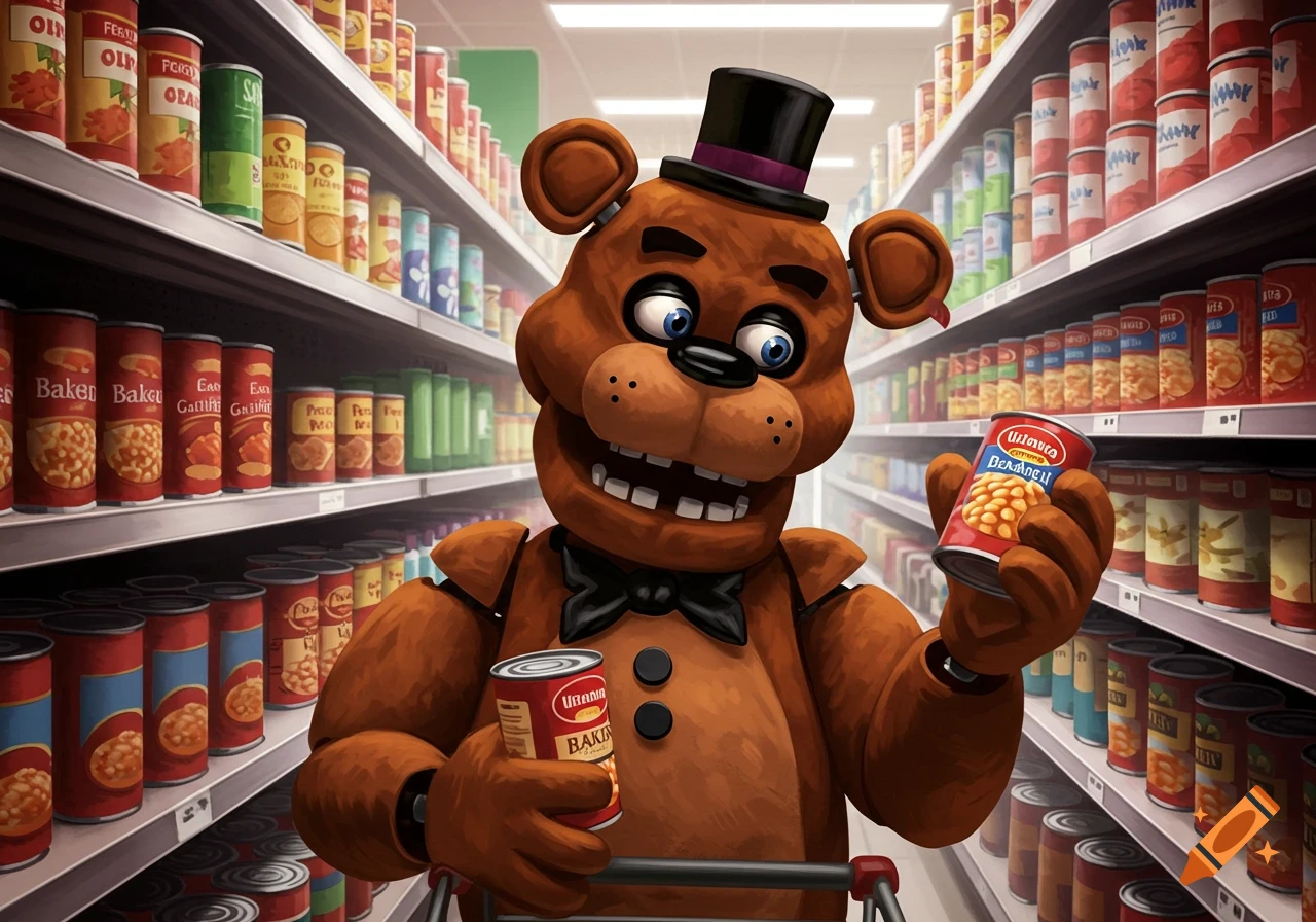 Freddy Fazbear holding cans of beans in a grocery store aisle