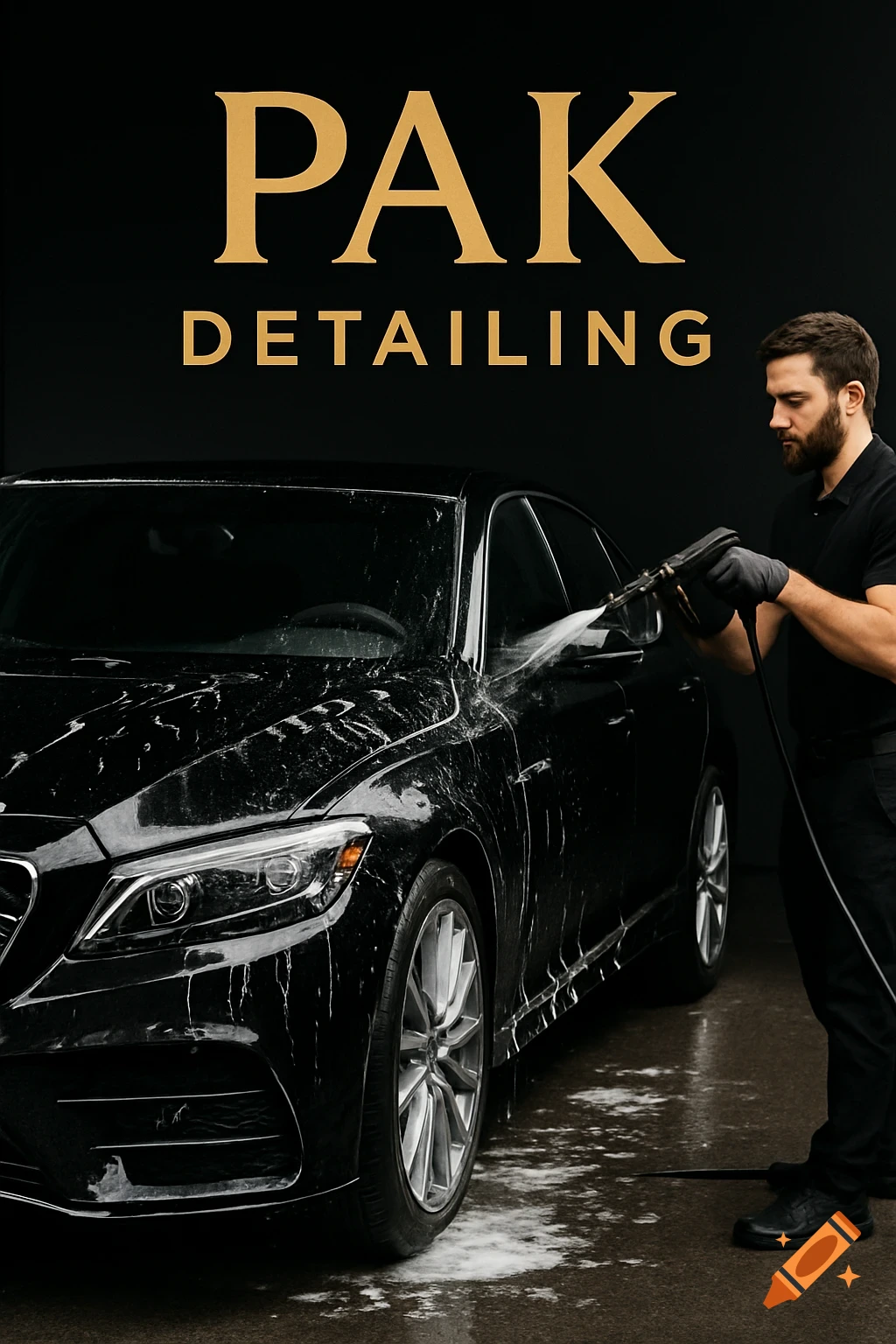 A man sprays water on a black car. Text above reads "PAK DETAILING".