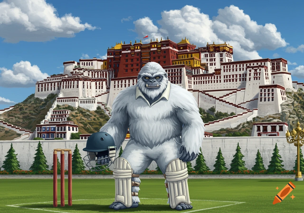 A furry white yeti in cricket gear stands on a cricket field in front of the Potala Palace.