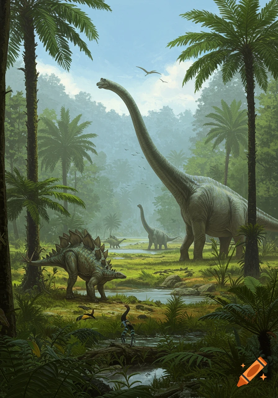 A large Brachiosaurus and a Stegosaurus stand in a prehistoric jungle landscape with palm trees and pterodactyls overhead.