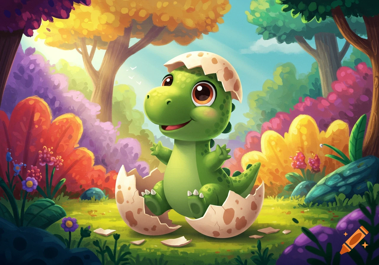 A cute green cartoon baby dinosaur hatching from an egg in a bright, colorful forest.