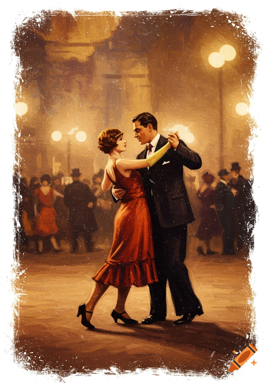 Vintage painting of a couple dancing at a party.