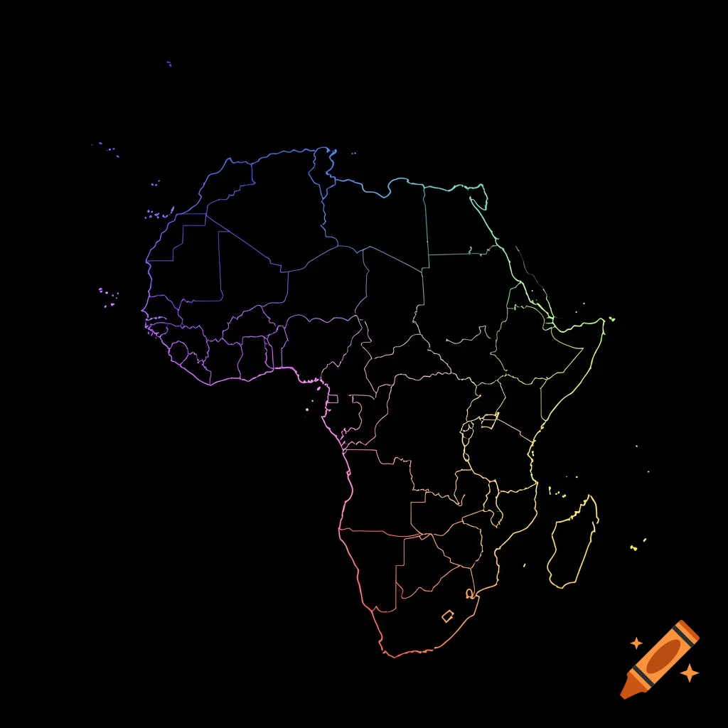 Outline map of Africa with rainbow colored country borders on a black background.