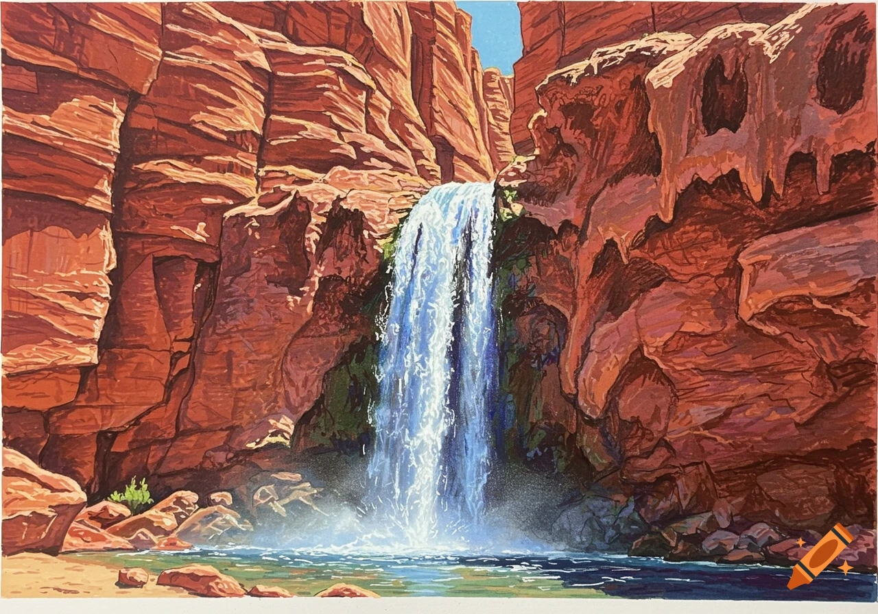 Drawing of a waterfall cascading over red rock canyon walls into a pool.
