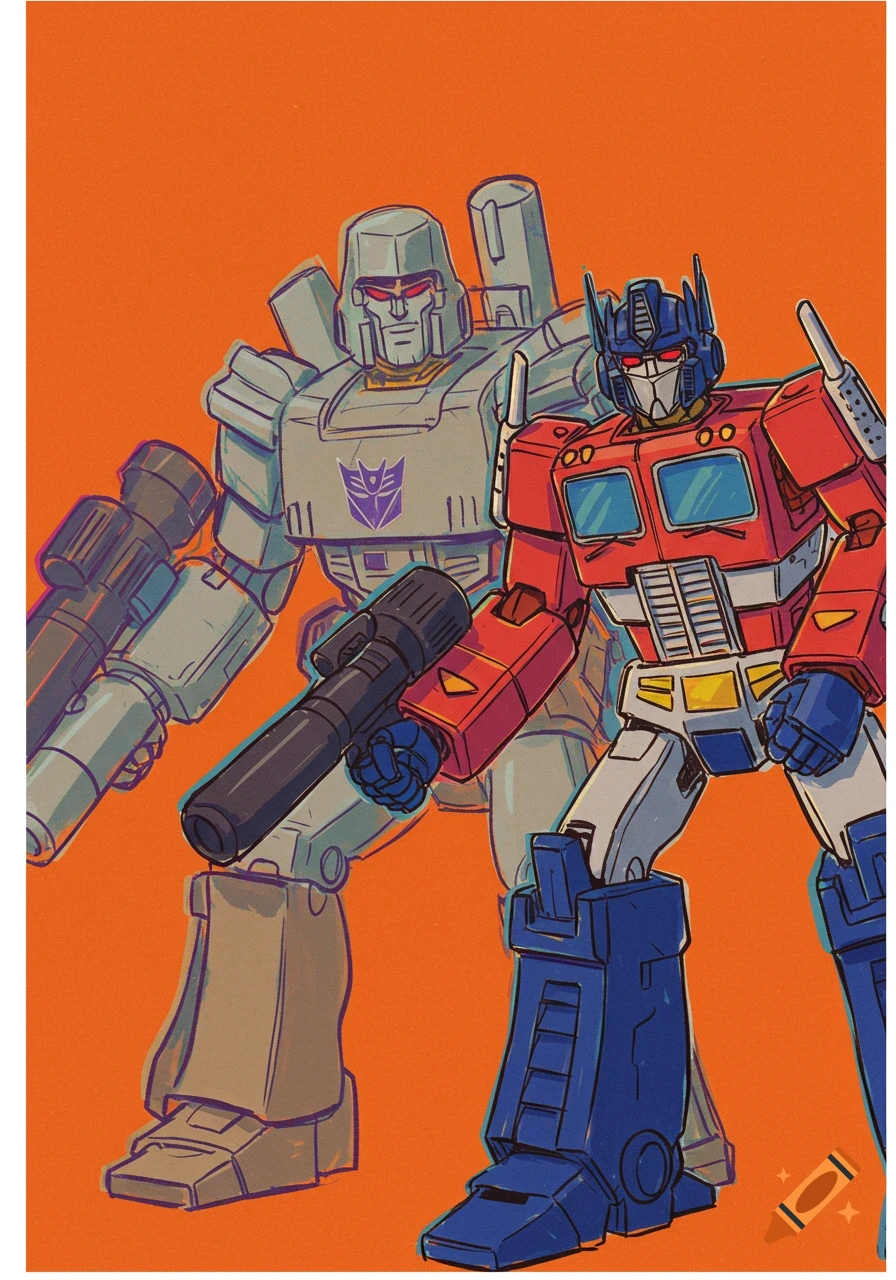 Stylized illustration of Optimus Prime and Megatron against an orange background