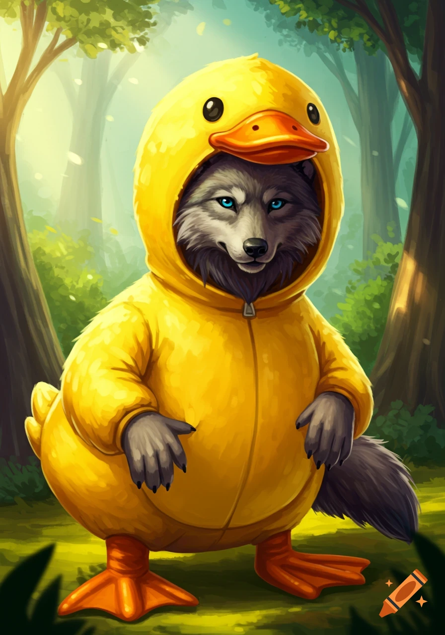 A wolf wearing a yellow rubber duck suit stands in a forest.