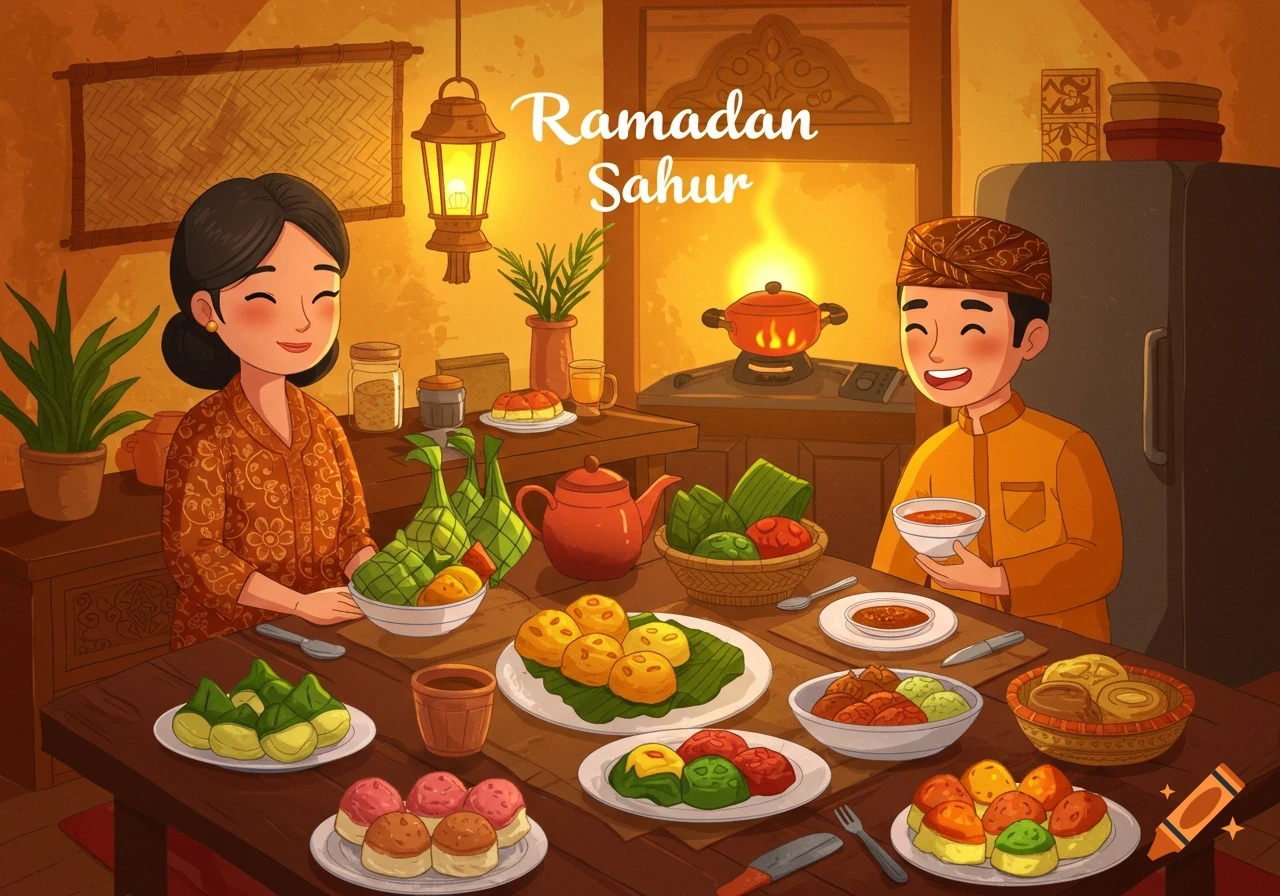 Illustration of a family eating a meal at a table filled with food, with 'Ramadan Sahur' text.