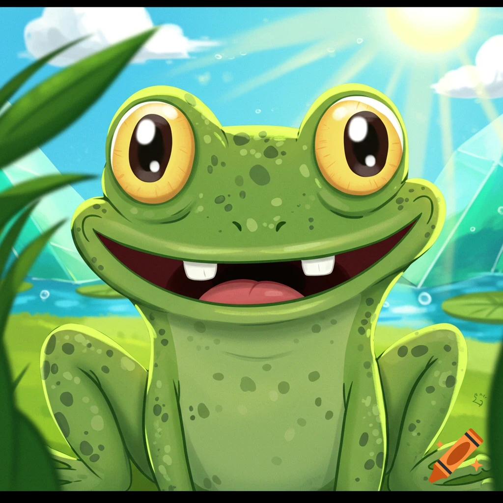 A close-up cartoon illustration of a green frog smiling with big eyes in a pond.