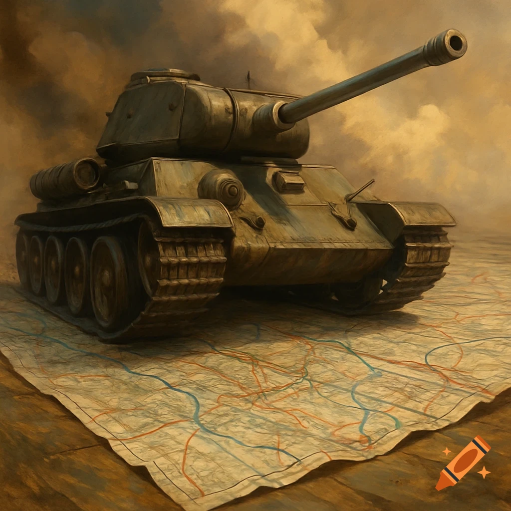 A tank rolls over a map laid on the ground, under a cloudy sky.