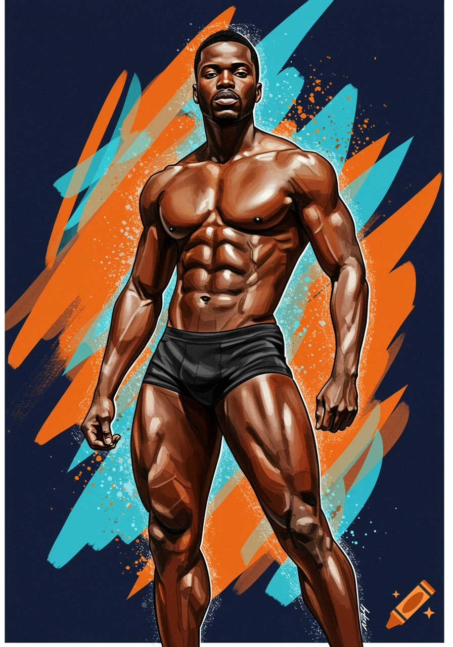 A muscular Black man in black shorts stands against a dynamic background of orange and blue brushstrokes in an illustration style.