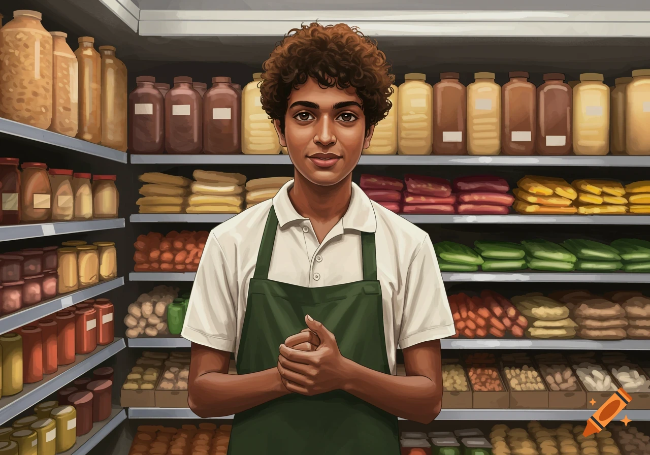 A young person in a green apron stands in a grocery store aisle.