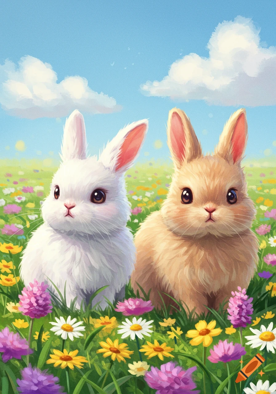 Two cute rabbits sit in a field of colorful flowers under a blue sky, illustration.