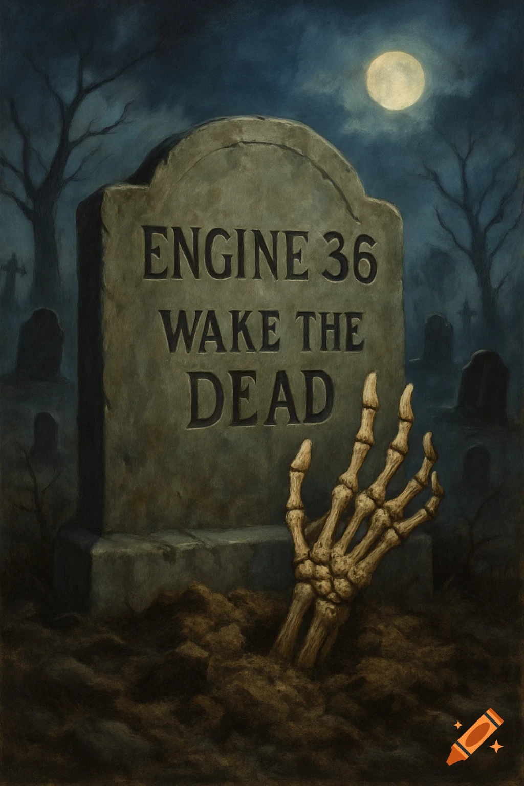 Skeleton hand emerging from dirt in front of a gravestone in a graveyard under a full moon. The gravestone reads 'ENGINE 36 WAKE THE DEAD'.