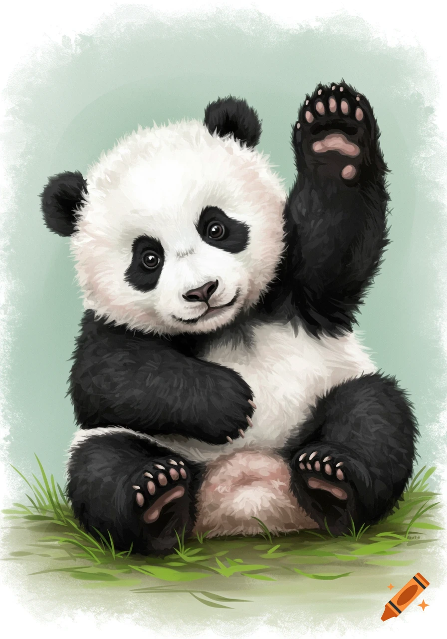 Illustration of a cute baby panda sitting in grass and waving