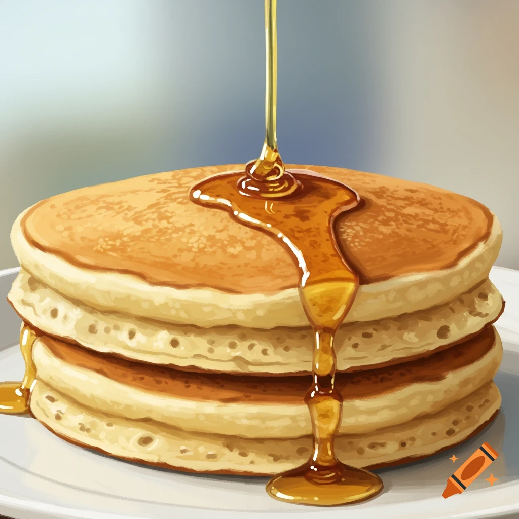 A stack of pancakes with syrup being poured over them, digital illustration.