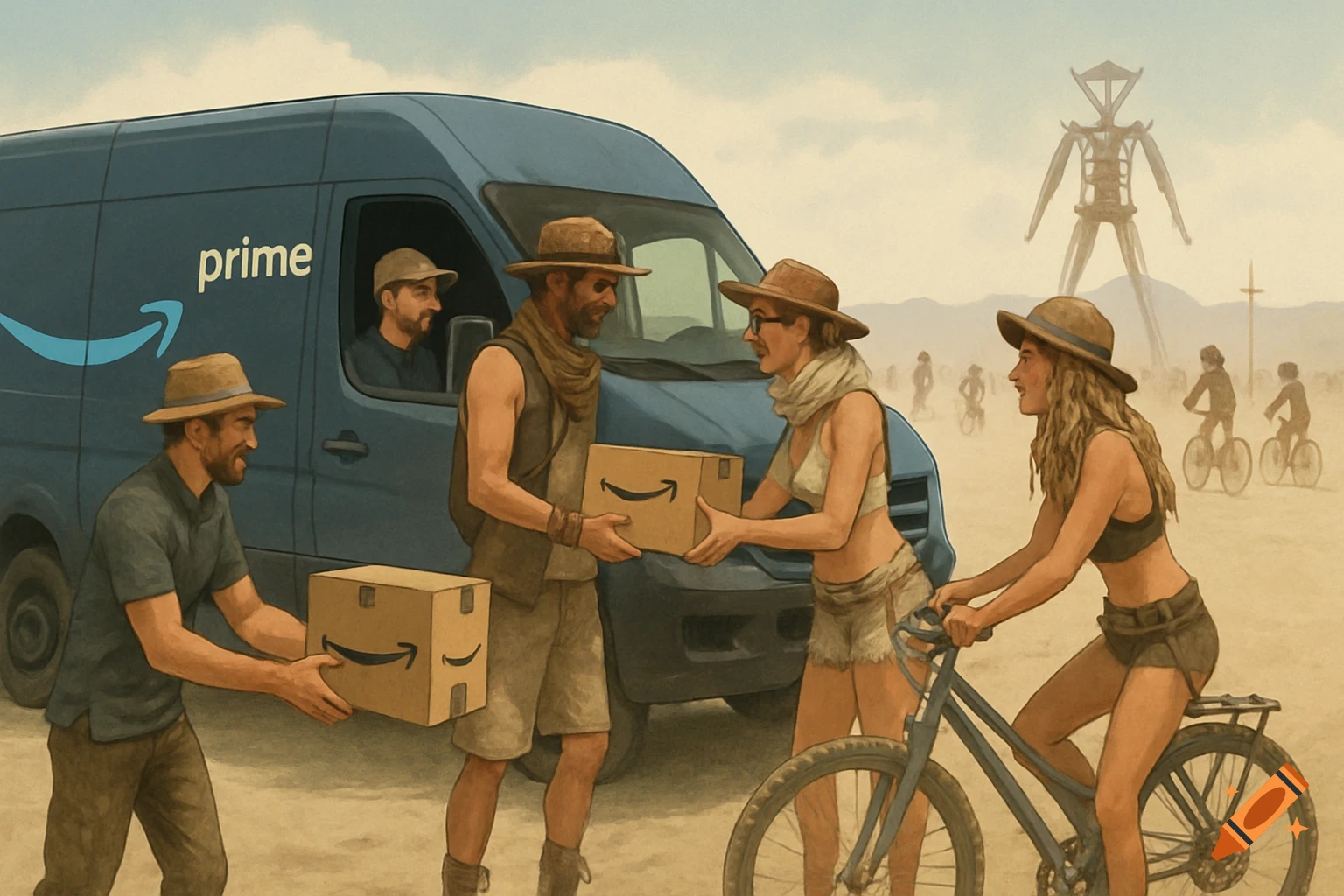 An Amazon van delivers boxes to people in a desert landscape with a large sculpture in the background, like Burning Man.